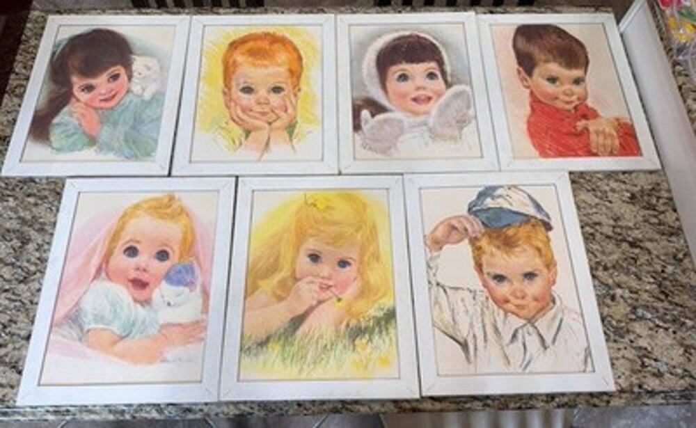 Vintage Frances Hook Big Eyed Children Framed Art Prints Lot of 7 Nursery